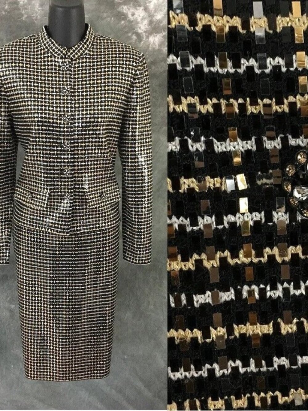 BEAUTIFUL St John evening knit black gold rhinestones embellished skirt suit 4